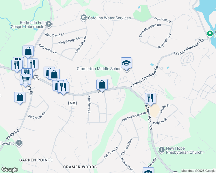 map of restaurants, bars, coffee shops, grocery stores, and more near 4119 South New Hope Road in Gastonia