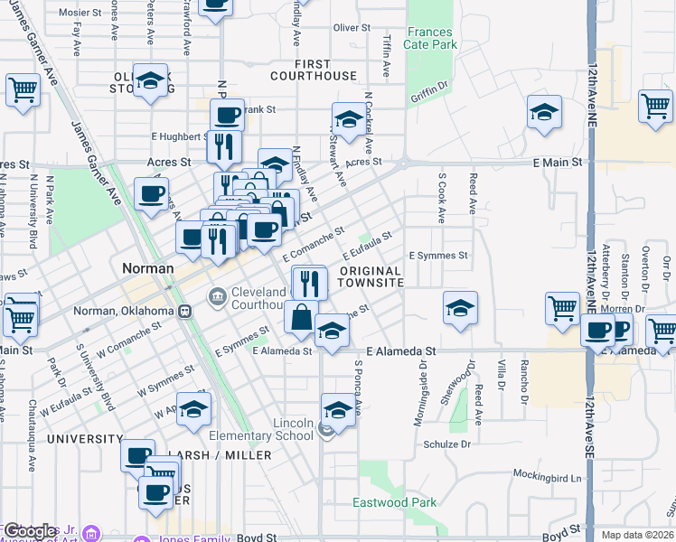map of restaurants, bars, coffee shops, grocery stores, and more near 520 East Eufaula Street in Norman