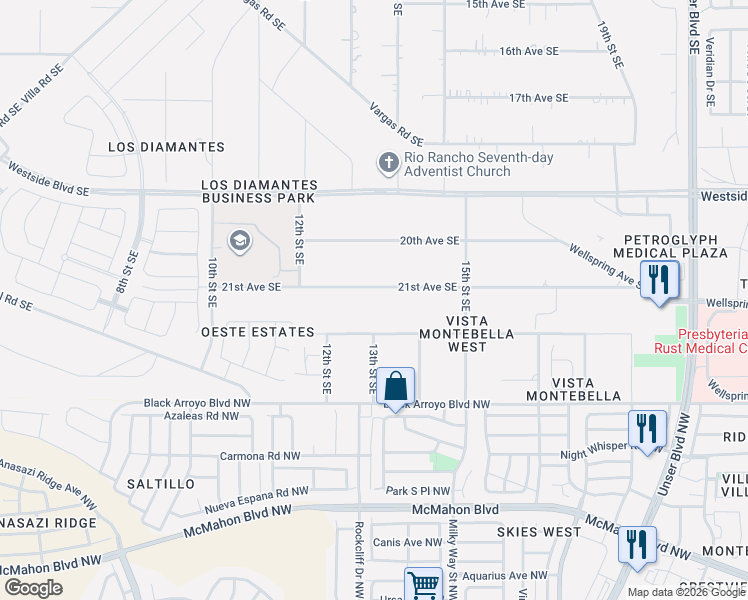 map of restaurants, bars, coffee shops, grocery stores, and more near 1308 21st Avenue Southeast in Rio Rancho