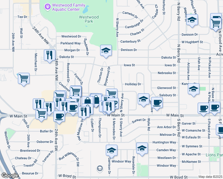 map of restaurants, bars, coffee shops, grocery stores, and more near 1802 Thorton Street in Norman