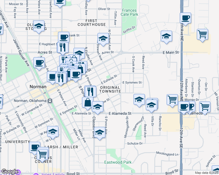 map of restaurants, bars, coffee shops, grocery stores, and more near 615 East Symmes Street in Norman