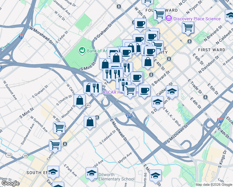 map of restaurants, bars, coffee shops, grocery stores, and more near 615 South College Street in Charlotte