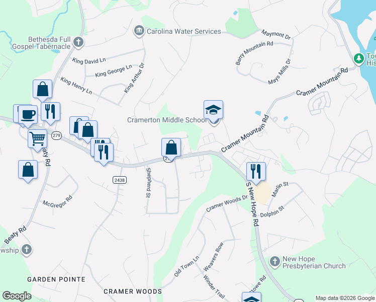 map of restaurants, bars, coffee shops, grocery stores, and more near 4119 South New Hope Road in Gastonia