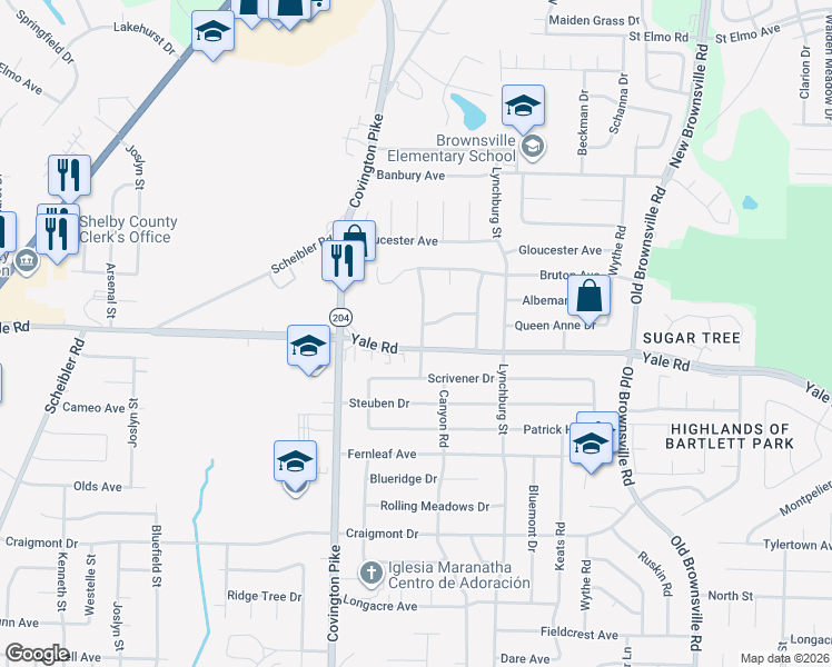 map of restaurants, bars, coffee shops, grocery stores, and more near 5120 Yale Road in Memphis