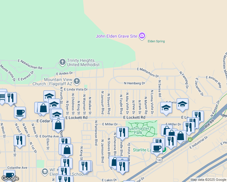 map of restaurants, bars, coffee shops, grocery stores, and more near 3691 North Schevene Boulevard in Flagstaff