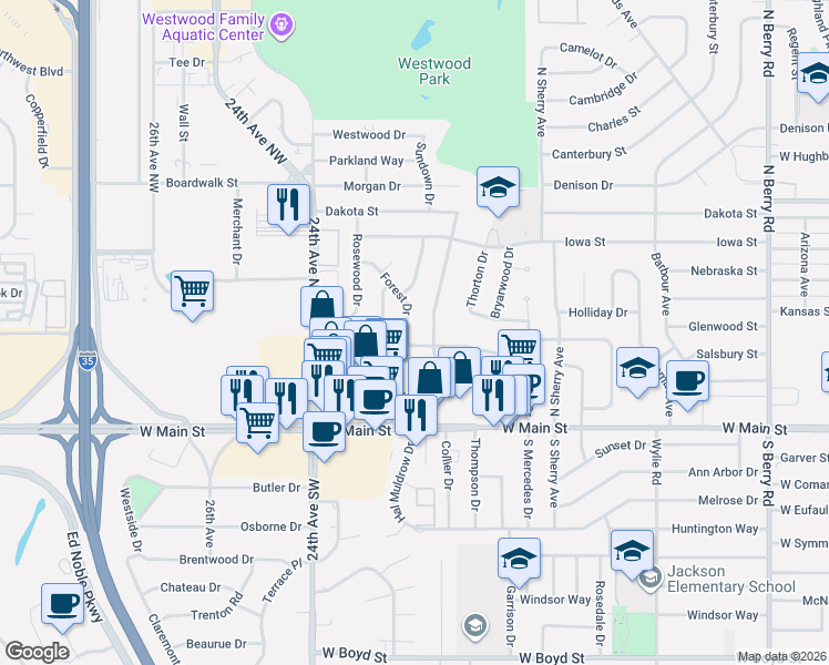map of restaurants, bars, coffee shops, grocery stores, and more near 307 Forest Drive in Norman