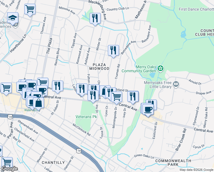map of restaurants, bars, coffee shops, grocery stores, and more near in Charlotte