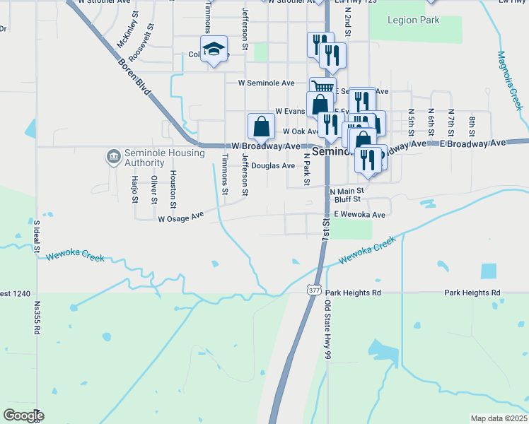 map of restaurants, bars, coffee shops, grocery stores, and more near 402 West Wewoka Avenue in Seminole