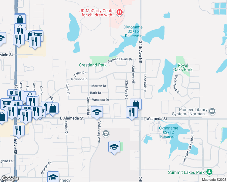 map of restaurants, bars, coffee shops, grocery stores, and more near 216 Kara Court in Norman
