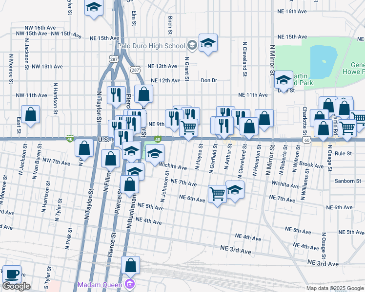 map of restaurants, bars, coffee shops, grocery stores, and more near 732 North Johnson Street in Amarillo