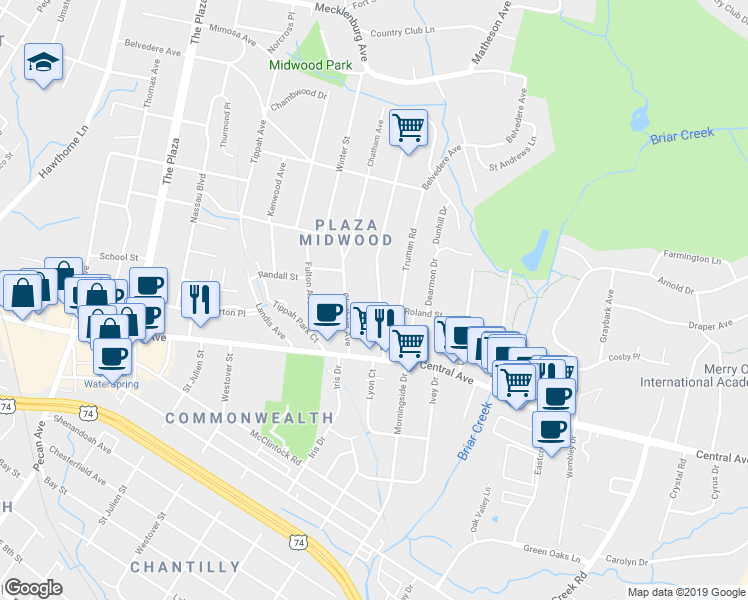 map of restaurants, bars, coffee shops, grocery stores, and more near 1711 Club Road in Charlotte