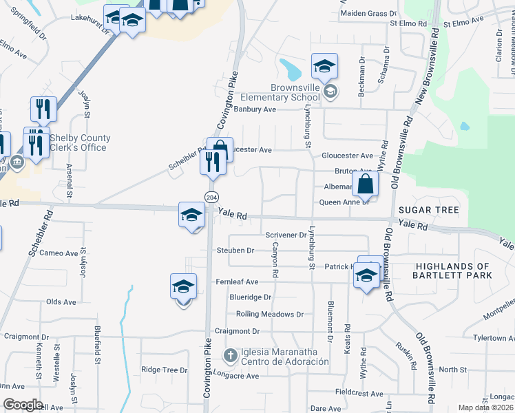 map of restaurants, bars, coffee shops, grocery stores, and more near 5120 Yale Road in Memphis