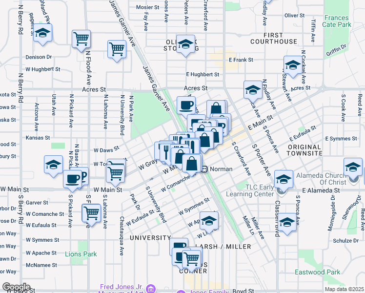 map of restaurants, bars, coffee shops, grocery stores, and more near in Norman