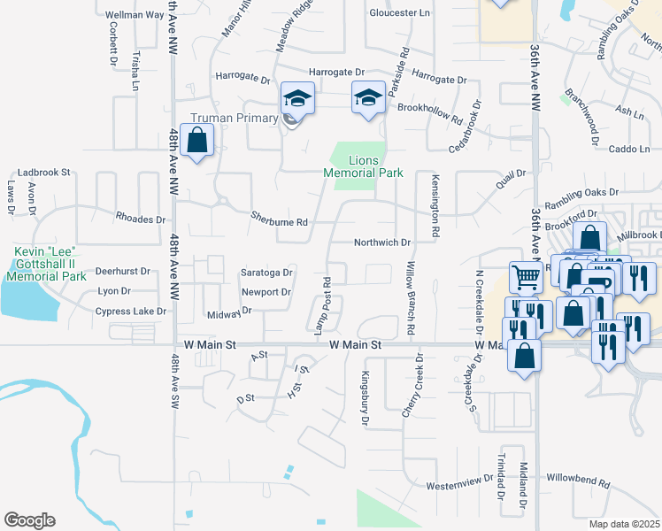 map of restaurants, bars, coffee shops, grocery stores, and more near 316 Lamp Post Road in Norman