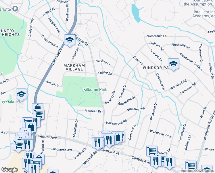 map of restaurants, bars, coffee shops, grocery stores, and more near 2507 Kilborne-In-The-Wood in Charlotte