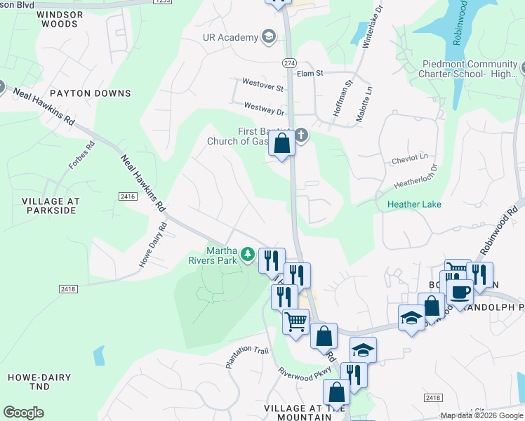 map of restaurants, bars, coffee shops, grocery stores, and more near 1516 Shady Bark Drive in Gastonia
