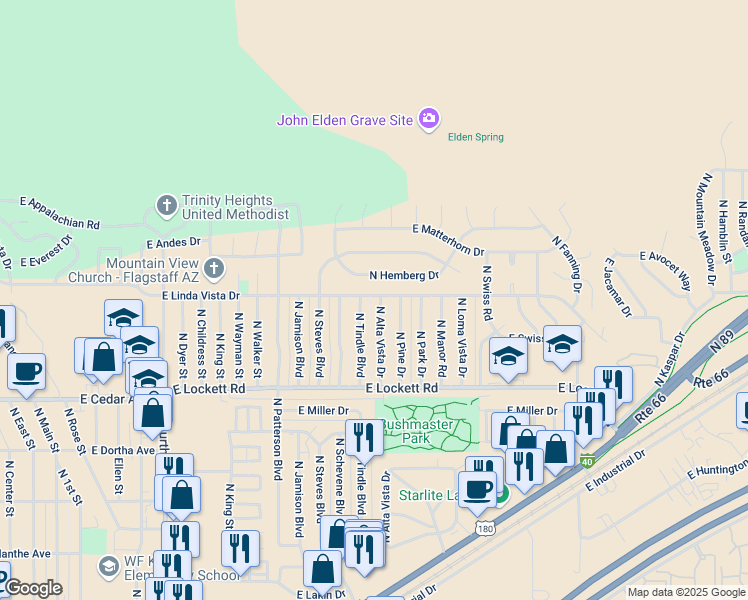 map of restaurants, bars, coffee shops, grocery stores, and more near 3699 North Alta Vista Drive in Flagstaff