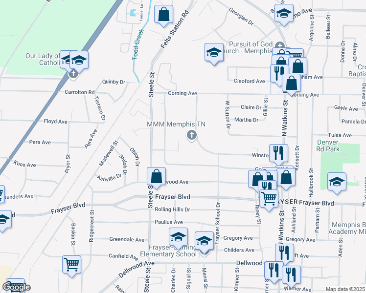 map of restaurants, bars, coffee shops, grocery stores, and more near 3506 Students Street in Memphis