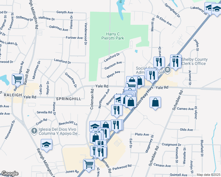 map of restaurants, bars, coffee shops, grocery stores, and more near 4467 Yale Road in Memphis