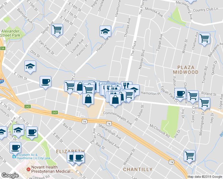 map of restaurants, bars, coffee shops, grocery stores, and more near 1514 Hamorton Place in Charlotte