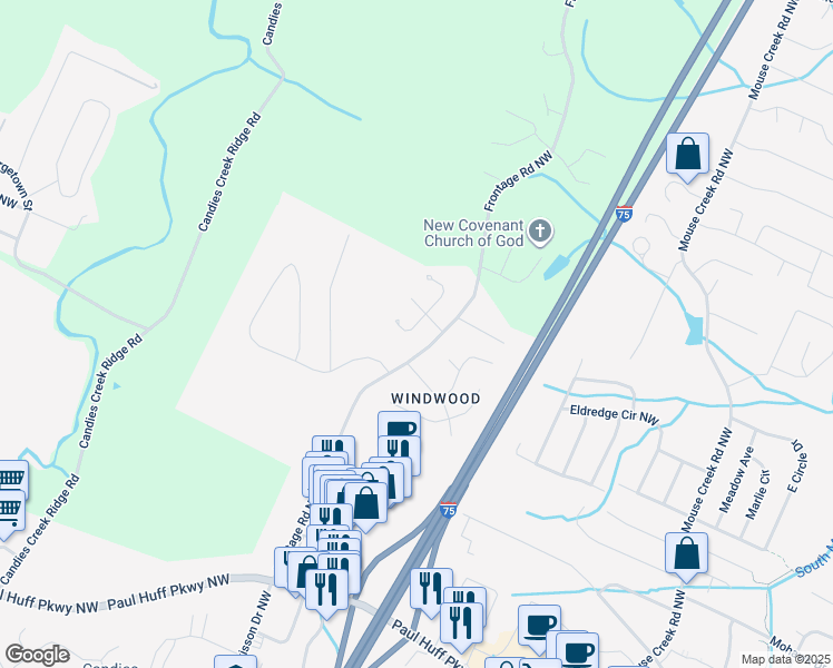 map of restaurants, bars, coffee shops, grocery stores, and more near 4824 Charwood Trail Northwest in Cleveland