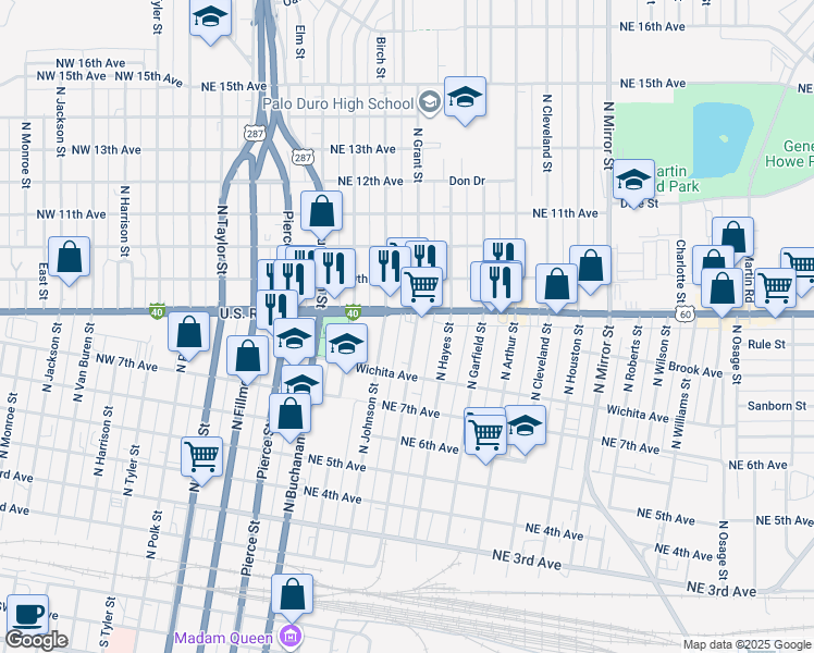 map of restaurants, bars, coffee shops, grocery stores, and more near 732 North Johnson Street in Amarillo