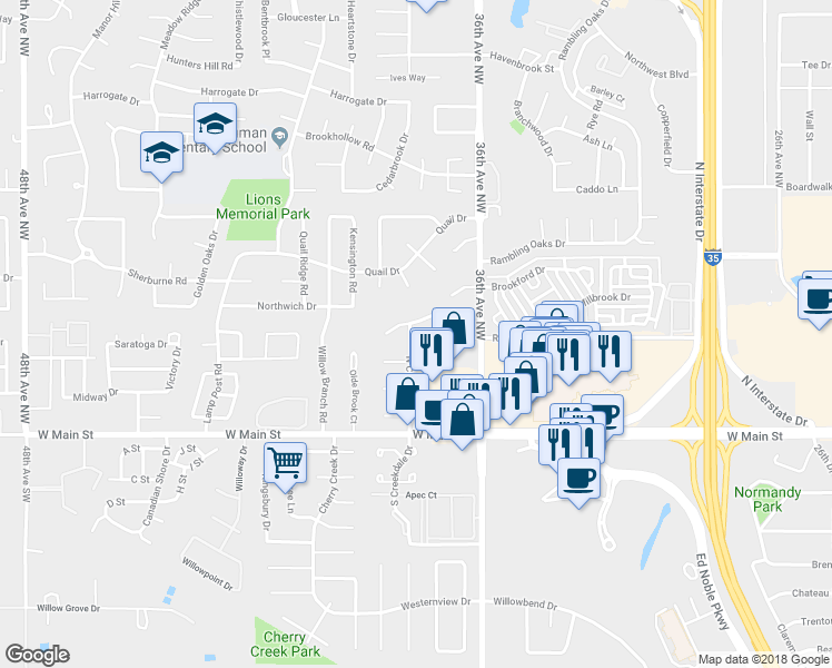 map of restaurants, bars, coffee shops, grocery stores, and more near 3767 River Oaks Drive in Norman