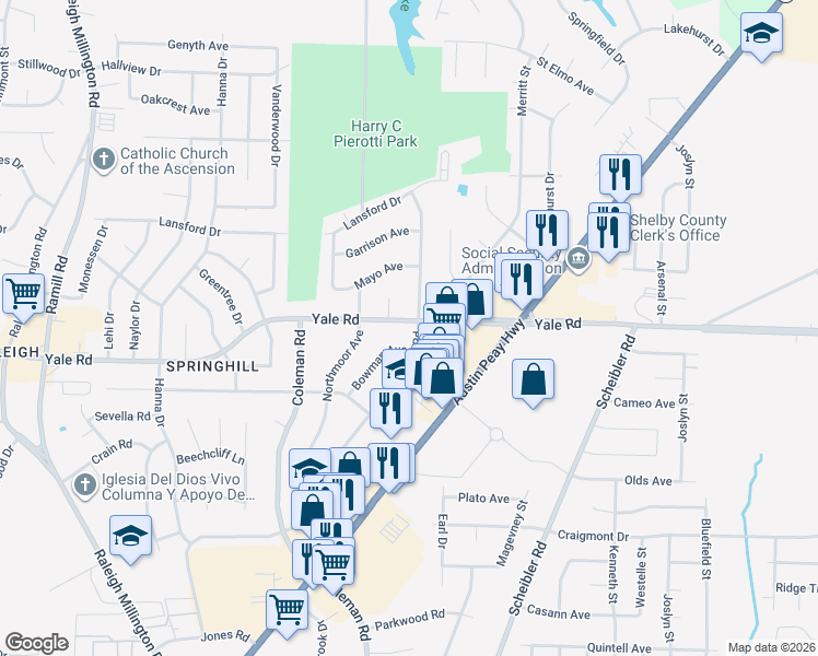 map of restaurants, bars, coffee shops, grocery stores, and more near 4515 Yale Road in Memphis