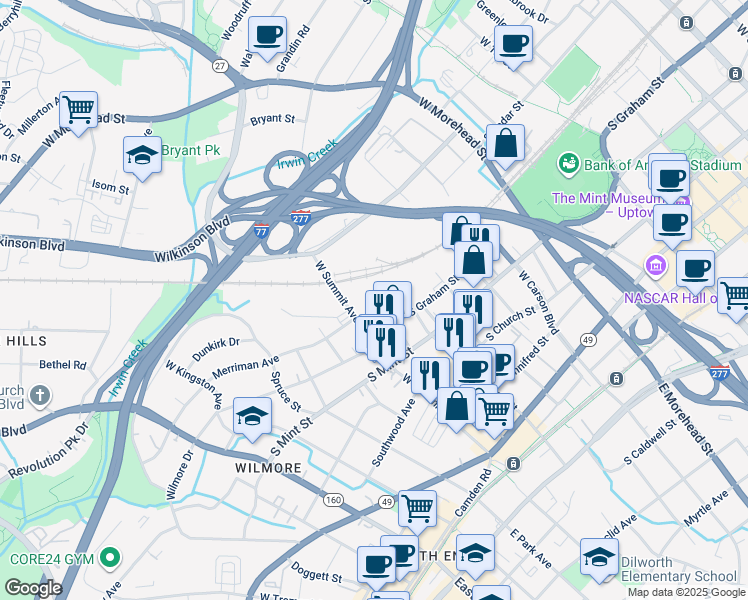 map of restaurants, bars, coffee shops, grocery stores, and more near 624 West Summit Avenue in Charlotte