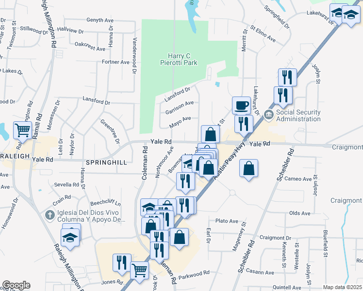 map of restaurants, bars, coffee shops, grocery stores, and more near 4483 Yale Road in Memphis