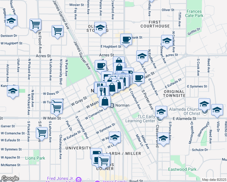 map of restaurants, bars, coffee shops, grocery stores, and more near in Norman