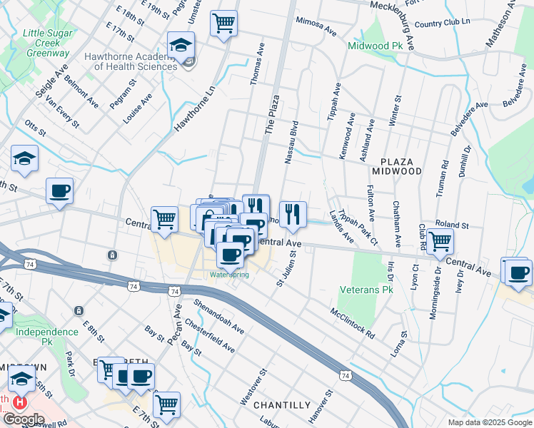 map of restaurants, bars, coffee shops, grocery stores, and more near 1717 Hamorton Place in Charlotte
