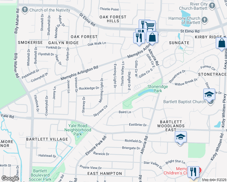 map of restaurants, bars, coffee shops, grocery stores, and more near 3505 Evening Light Drive in Bartlett