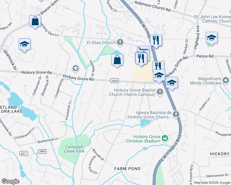 map of restaurants, bars, coffee shops, grocery stores, and more near 4638 Hobbs Hill Drive in Charlotte