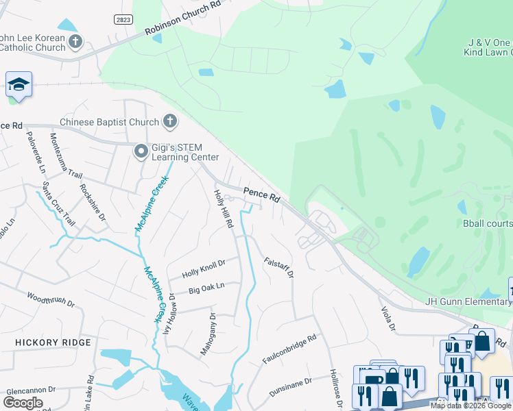 map of restaurants, bars, coffee shops, grocery stores, and more near 7620 Holly Grove Court in Charlotte