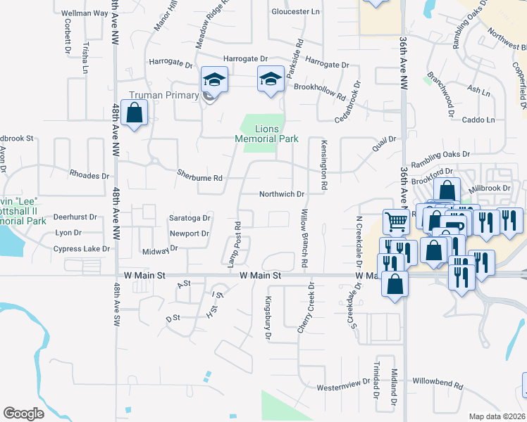 map of restaurants, bars, coffee shops, grocery stores, and more near 318 Town Park Road in Norman