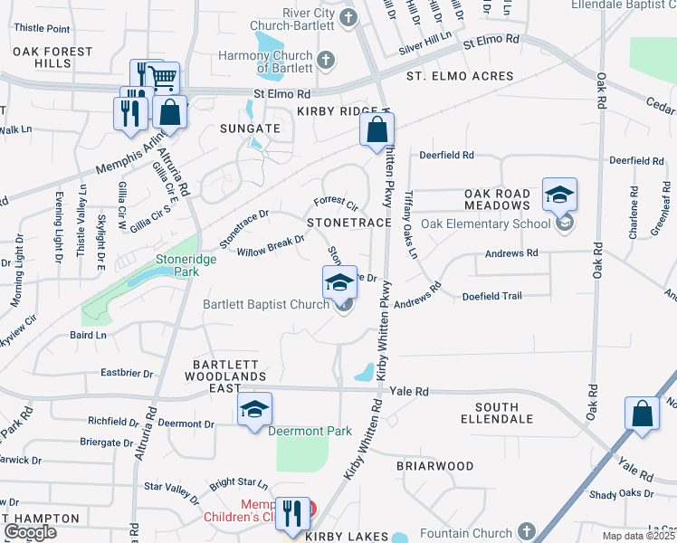map of restaurants, bars, coffee shops, grocery stores, and more near 6763 Stonetrace Drive in Memphis