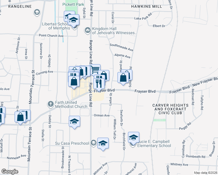 map of restaurants, bars, coffee shops, grocery stores, and more near 3513 Ladue Street in Memphis