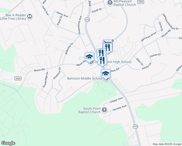 map of restaurants, bars, coffee shops, grocery stores, and more near 2032 Middleton Farm Drive in Belmont