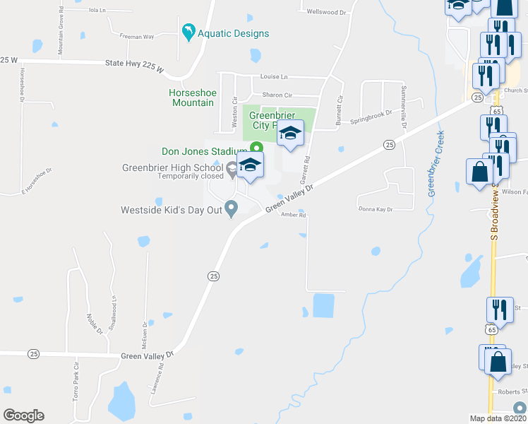 map of restaurants, bars, coffee shops, grocery stores, and more near 55 Green Valley Drive in Greenbrier