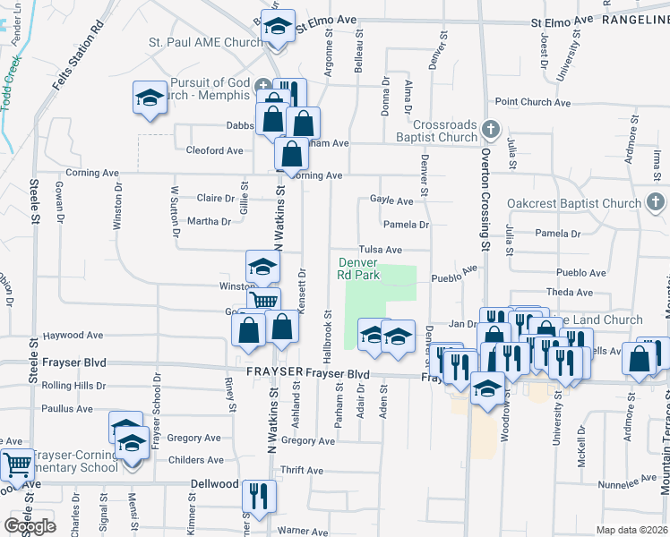 map of restaurants, bars, coffee shops, grocery stores, and more near 3514 Hallbrook Street in Memphis