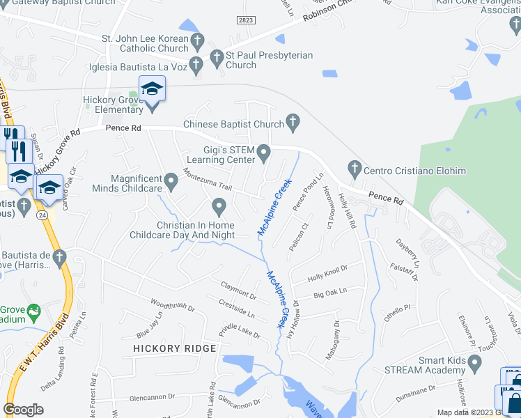 map of restaurants, bars, coffee shops, grocery stores, and more near 6512 Lantern Court in Charlotte