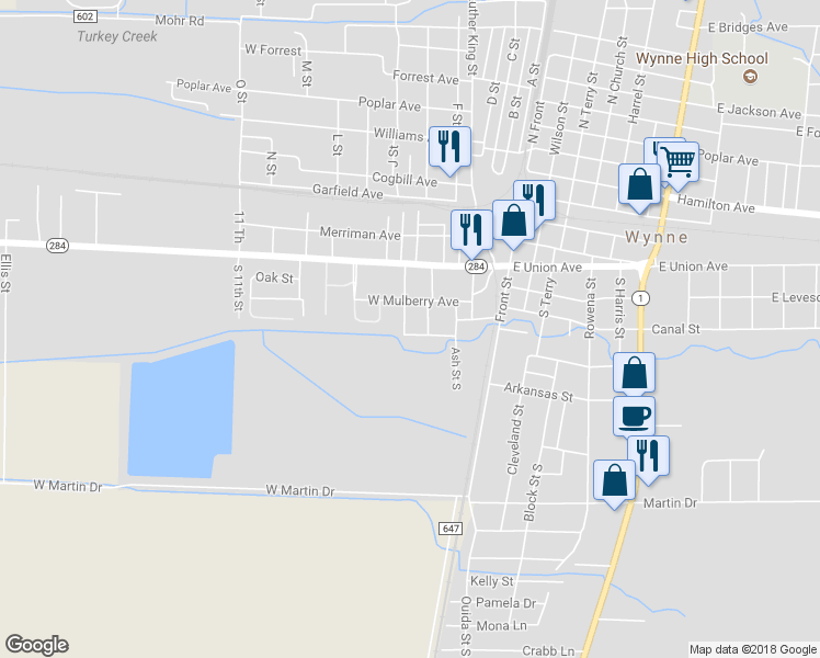 map of restaurants, bars, coffee shops, grocery stores, and more near 218 South Long Street in Wynne