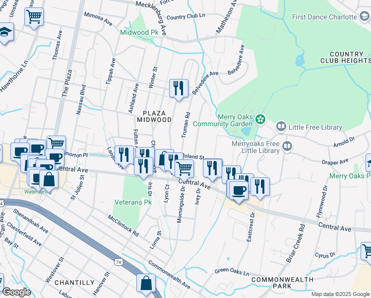 map of restaurants, bars, coffee shops, grocery stores, and more near 1708 Truman Road in Charlotte