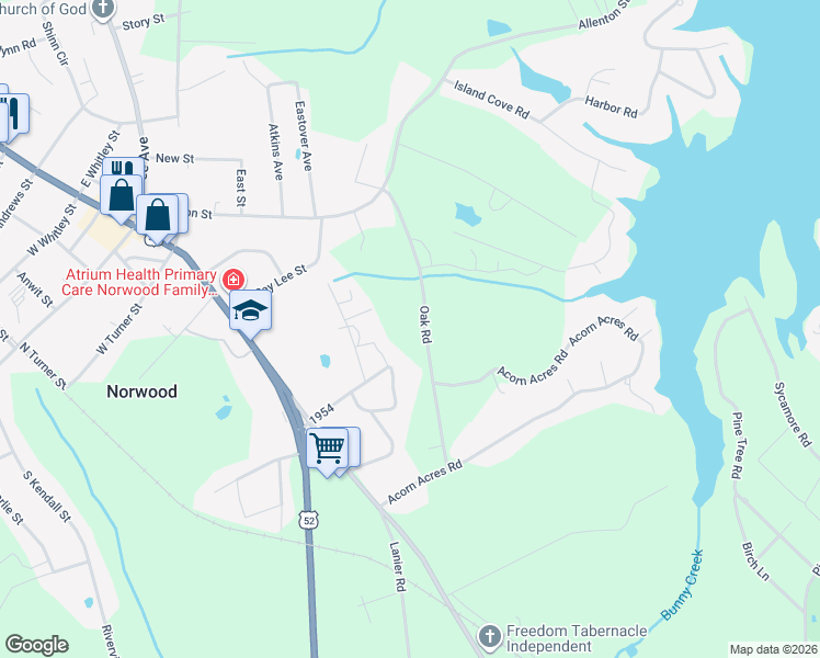 map of restaurants, bars, coffee shops, grocery stores, and more near 460 Oak Road in Norwood