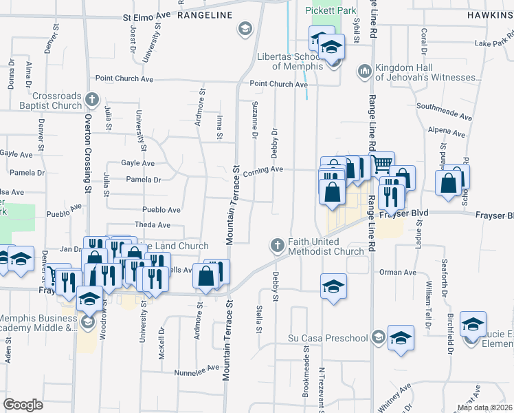 map of restaurants, bars, coffee shops, grocery stores, and more near 3505 Suzanne Drive in Memphis