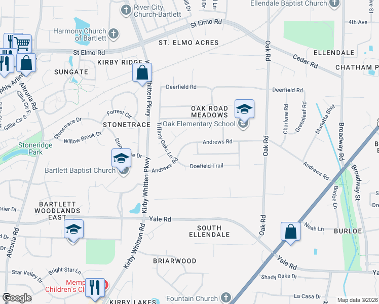 map of restaurants, bars, coffee shops, grocery stores, and more near 6930 Meadowlands Place in Bartlett