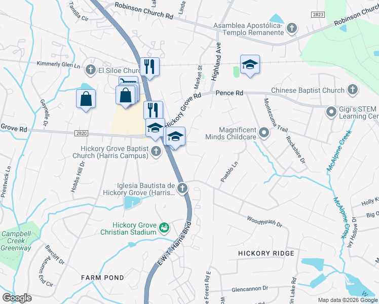 map of restaurants, bars, coffee shops, grocery stores, and more near 5827 Carved Oak Circle in Charlotte