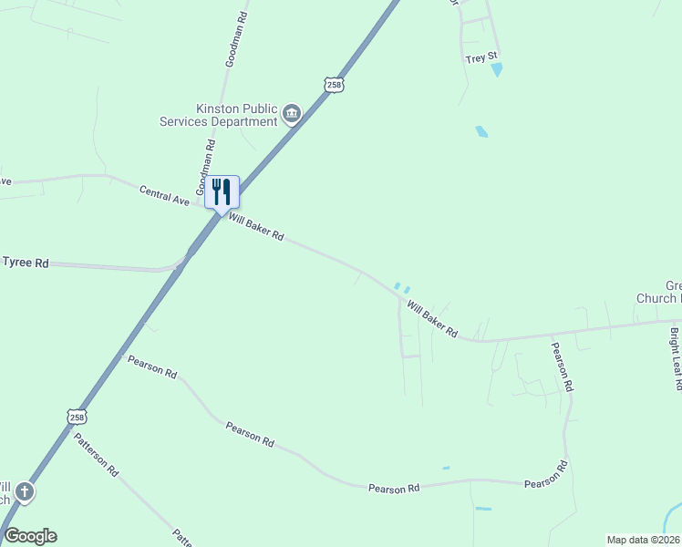 map of restaurants, bars, coffee shops, grocery stores, and more near 283 Will Baker Road in Kinston