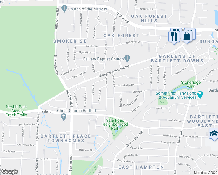 map of restaurants, bars, coffee shops, grocery stores, and more near 3510 Josee Lane in Memphis